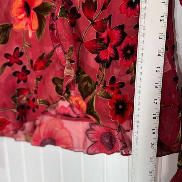 Vintage‎ David Warren NY Burnout Floral Mesh Blouse Red Sheer Ruffle Sleeve Sz 6 - Picture 7 of 10